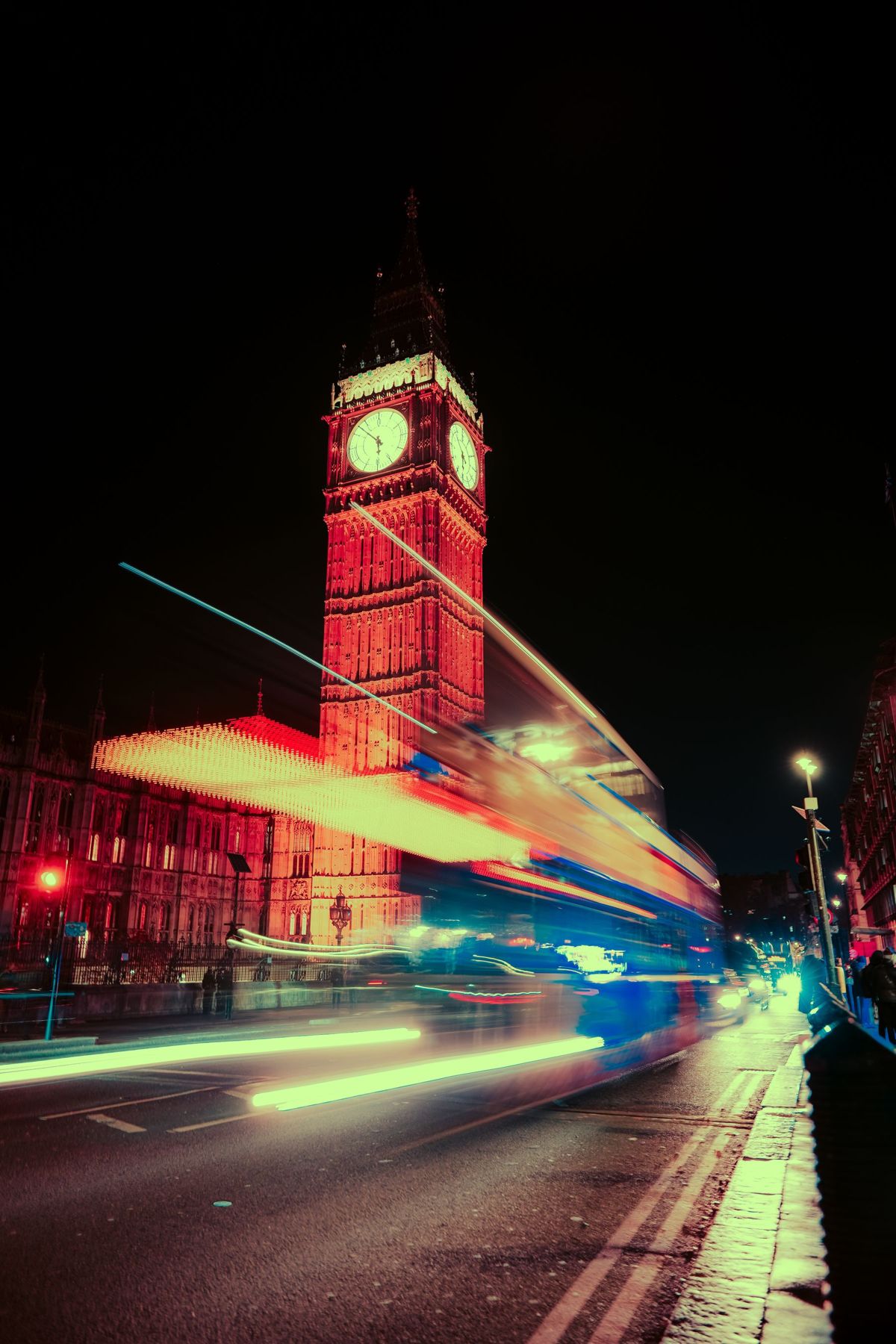 Westminster at night with light trails