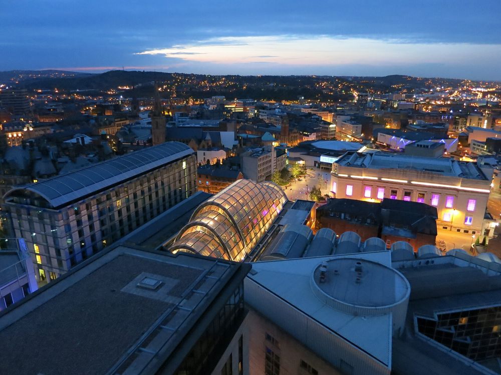 Sheffield city centre at dusk